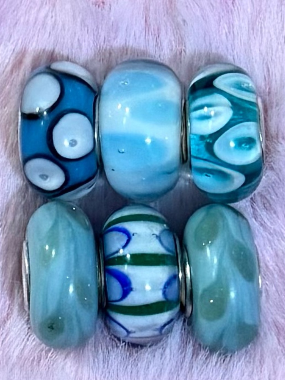6 Blue and White Glass Murano Spacer Bead Set $10 each